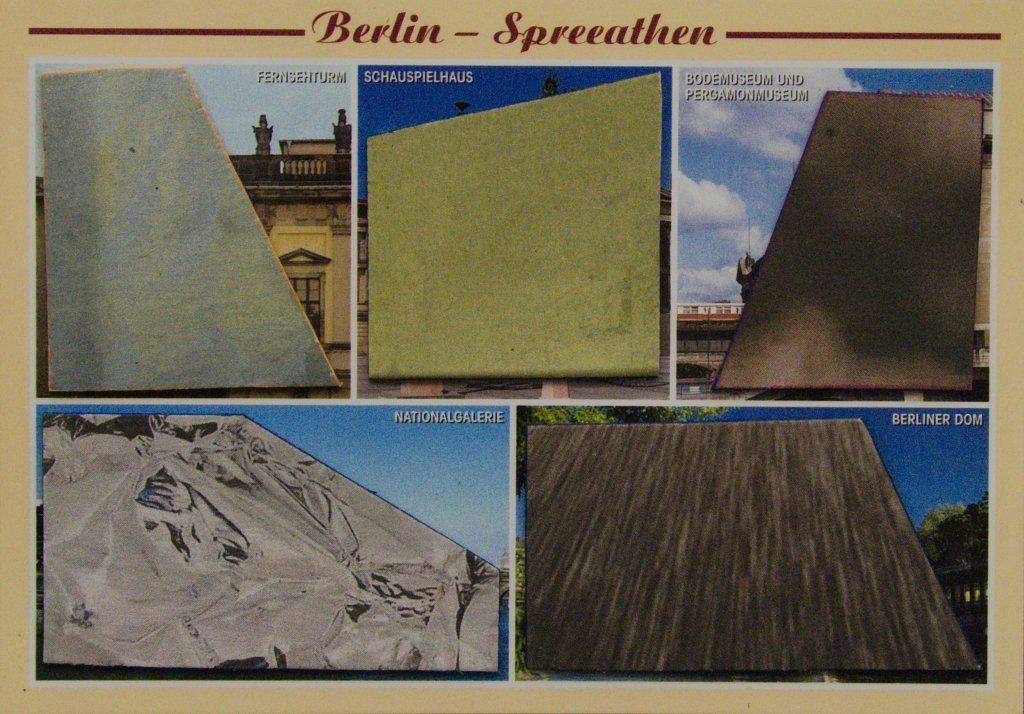 Spreeathen-19 – kleine Postkarten-Collage aus Zeitungsfragmenten, 10×15 cm, 2014.