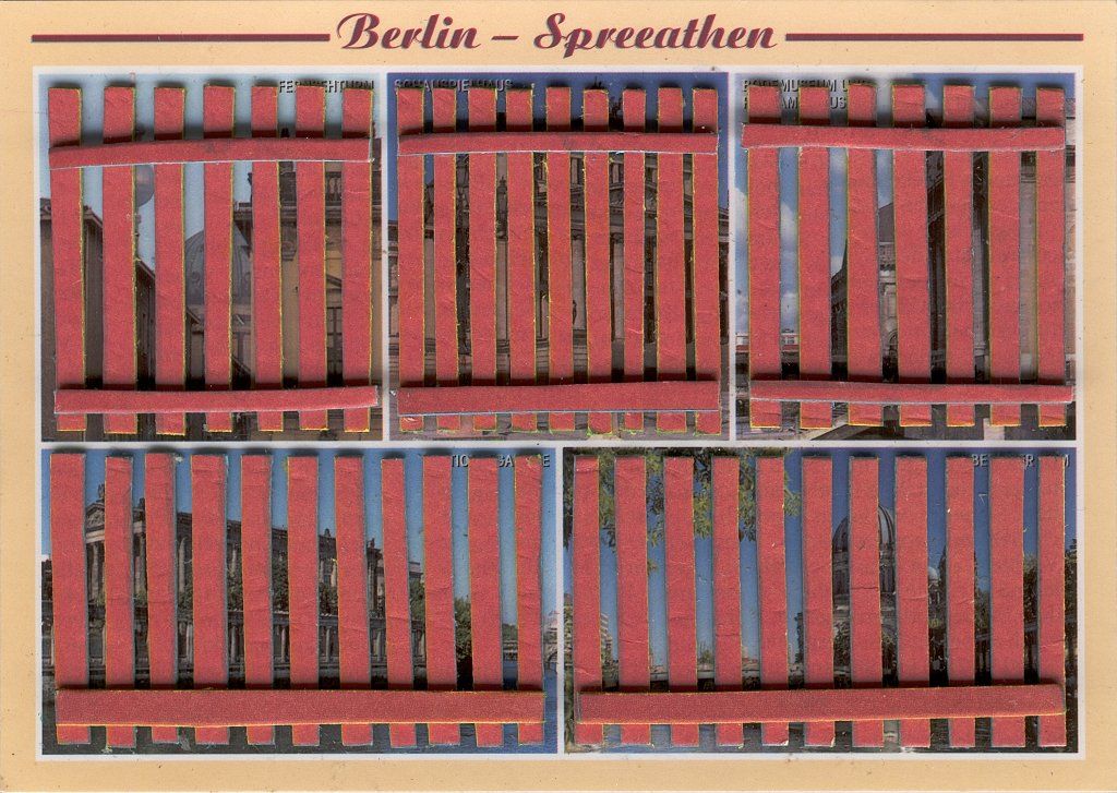 Spreeathen-20 – kleine Postkarten-Collage aus Zeitungsfragmenten, 10×15 cm, 2014.