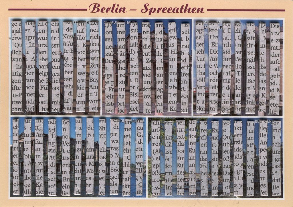 Spreeathen-24 – kleine Postkarten-Collage aus Zeitungsfragmenten, 10×15 cm, 2014.