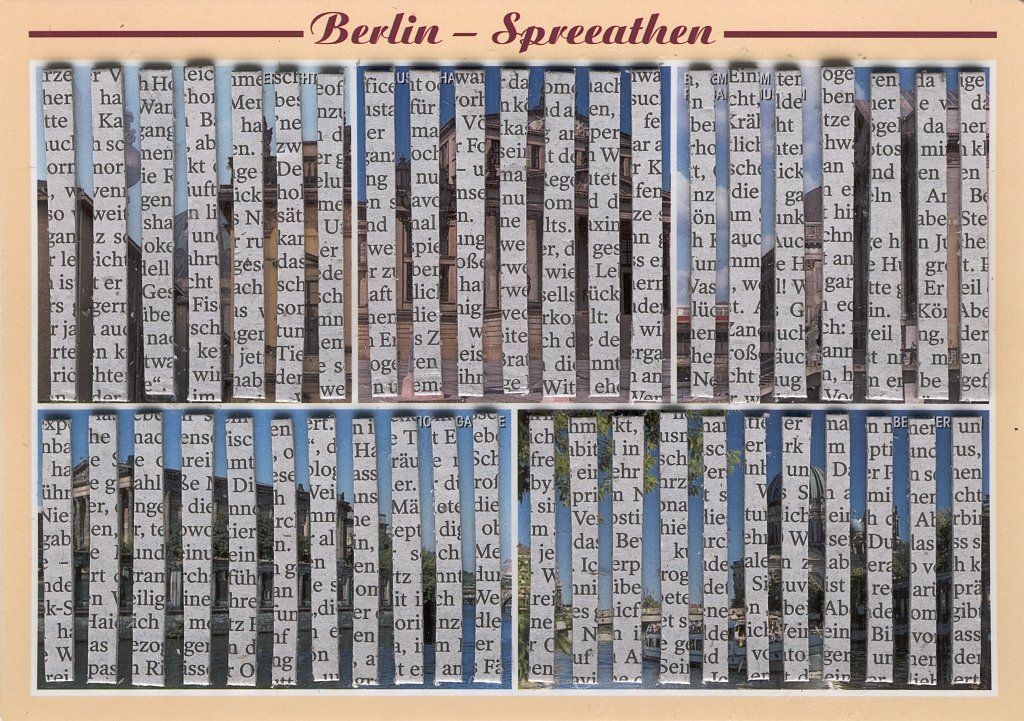 Berlin-Spreeathen-Collage mit Zeitungsdruck und schmalen Stadtstreifen im Raster.