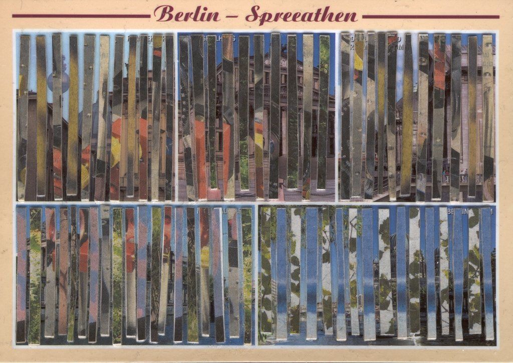 Berlin-Spreeathen-Collage mit Architekturfeldern, Himmelsblau und dunklen Vertikalstreifen.