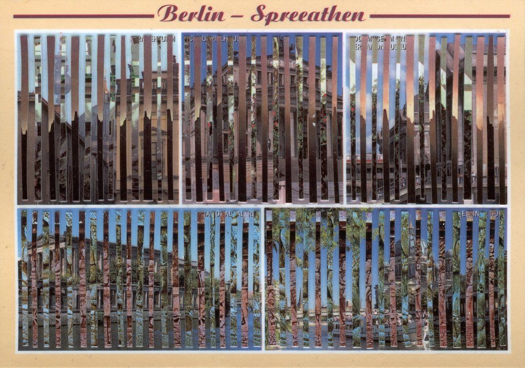 Spreeathen-5 – kleine Postkarten-Collage aus Zeitungsfragmenten, 10×15 cm, 2014.