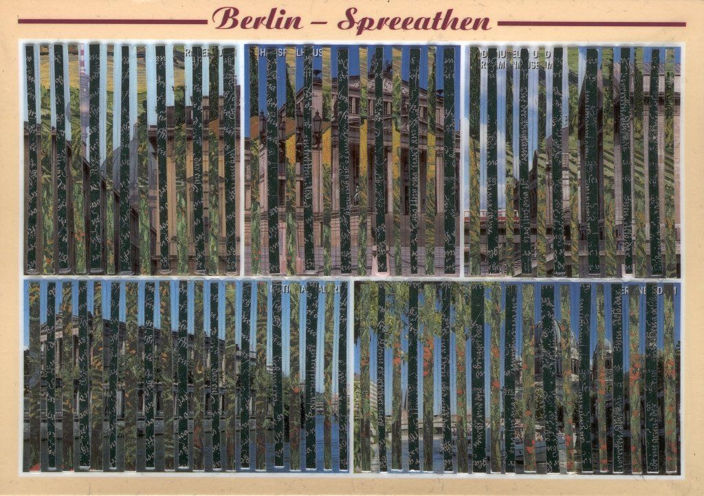 Spreeathen-7 – kleine Postkarten-Collage aus Zeitungsfragmenten, 10×15 cm, 2014.