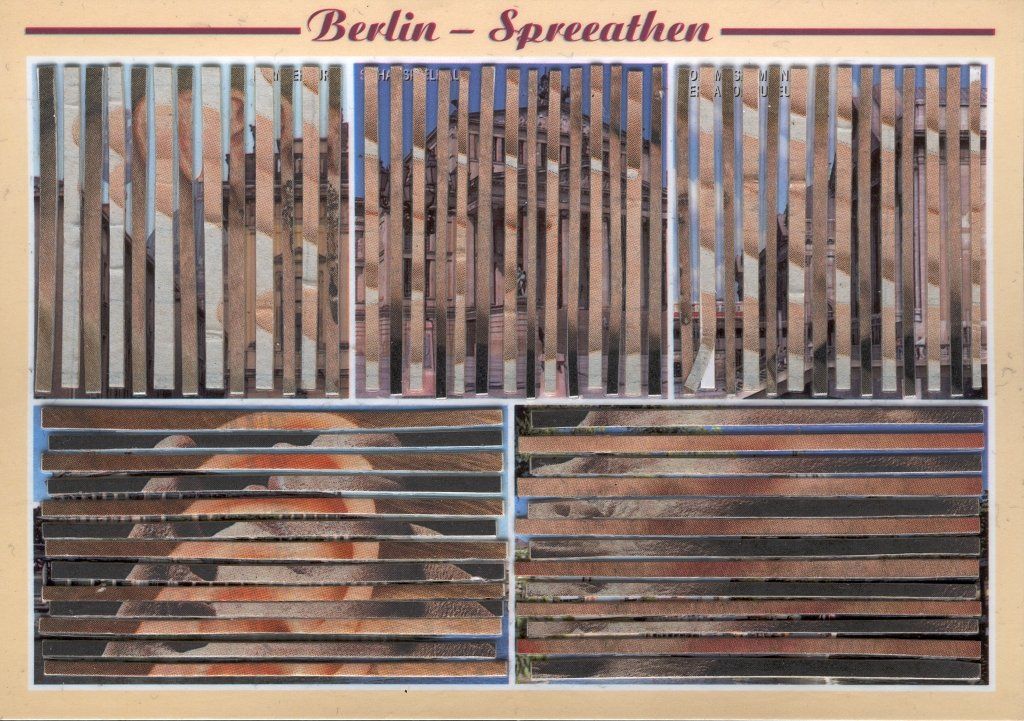 Spreeathen-9 – kleine Postkarten-Collage aus Zeitungsfragmenten, 10×15 cm, 2014.