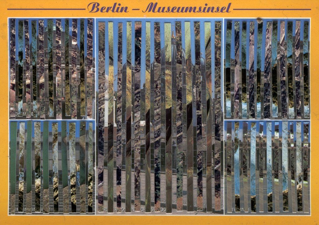 Berlin-Museumsinsel-Collage mit dunklen Papierlagen und blaugrünen Architekturstreifen.