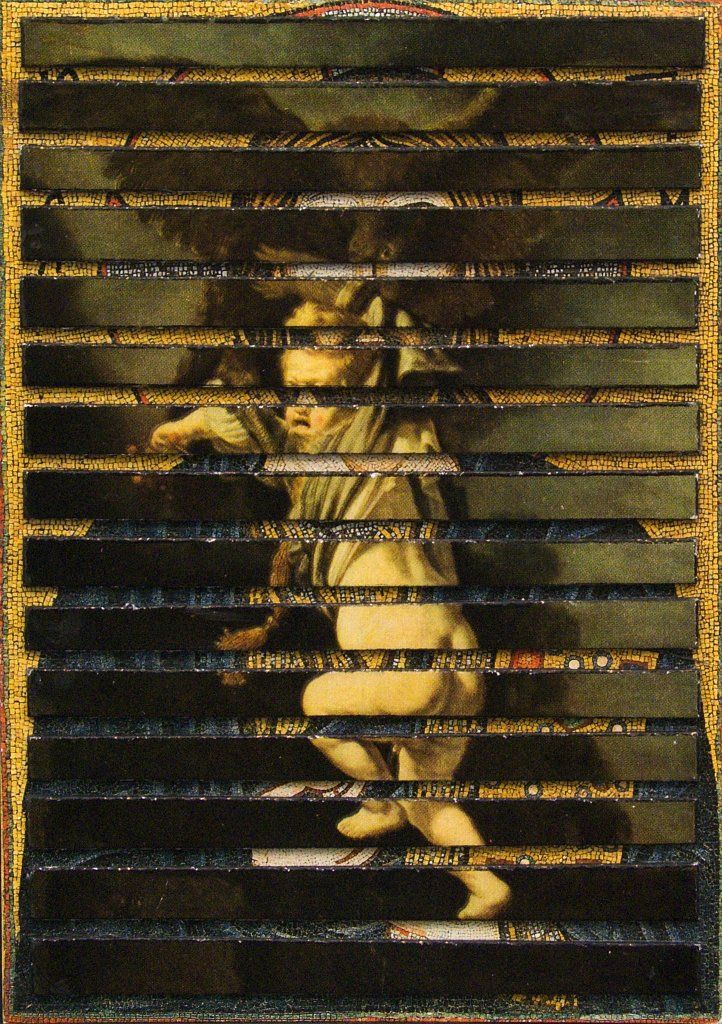 Postkartencollage mit Rembrandts Ganymed und byzantinischer Ikone als überlagerten Motiven.