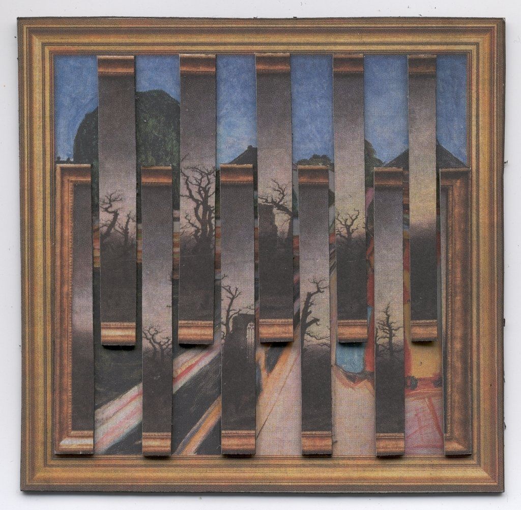 Postkartencollage aus Friedrichs „Abtei“ und Munchs „Mädchen auf der Brücke“.