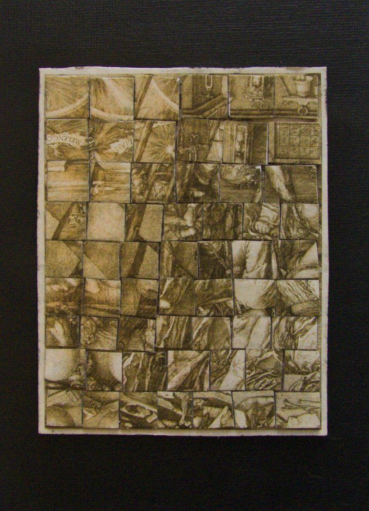 Collage nach Dürers Melencolia I mit strengem Raster aus kleinen rechteckigen Bildfeldern.