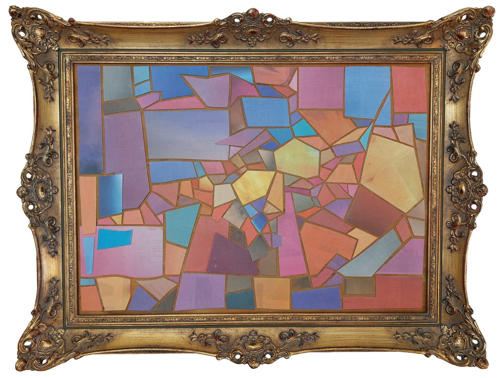 Farbfeldcollage aus Zeitungspapier in goldenem, verschnörkeltem Rahmen. Von Carsten Schneider