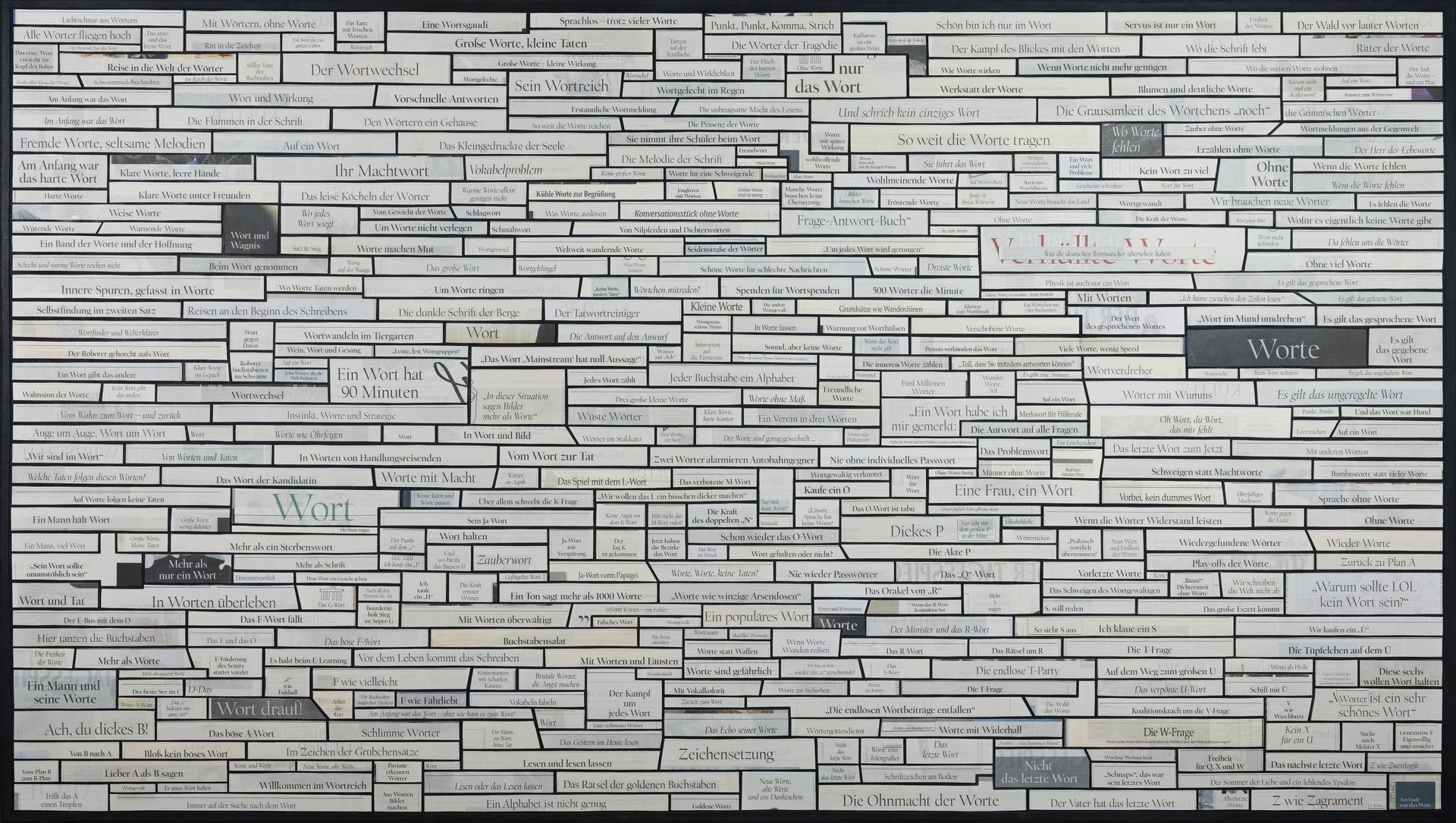 Großes Wortbild. Zeitungscollage (Tagesspiegel) aus Überschriften, die das Wort Wort beinhalten. Von Carsten Schneider