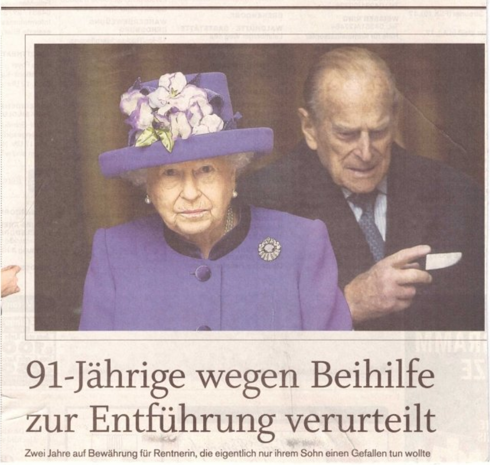 Queen Elizabeth II. und Prinz Philip; darunter die Schlagzeile „91-Jährige wegen Beihilfe zur Entführung verurteilt“.