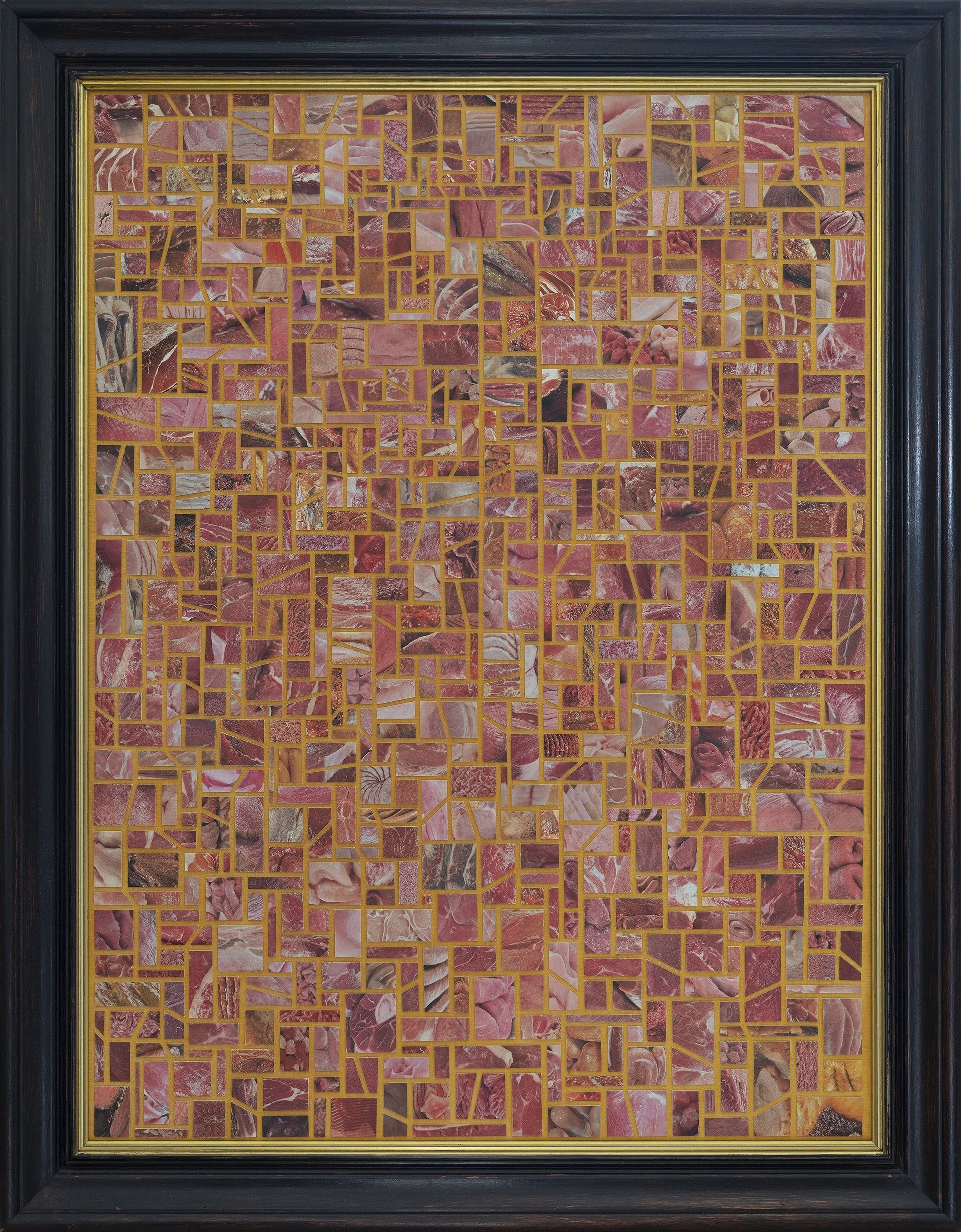 Gerahmte Fleischkreuz-Collage mit rosa Fleischfragmenten und gelbem Linienraster.