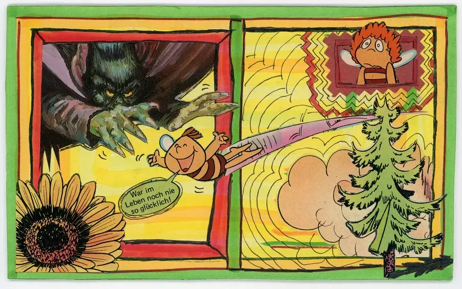 Postkartenrückseite mit dunkler Greifhand, fliegender Comicbiene, Sonnenblume, Tanne und leerem Adressfeld.