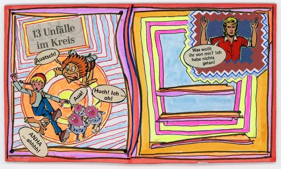 Postkartenrückseite mit Comicfiguren im Kreis, Sprechblasen, Titel „13 Unfälle im Kreis“ und leerem Adressfeld.
