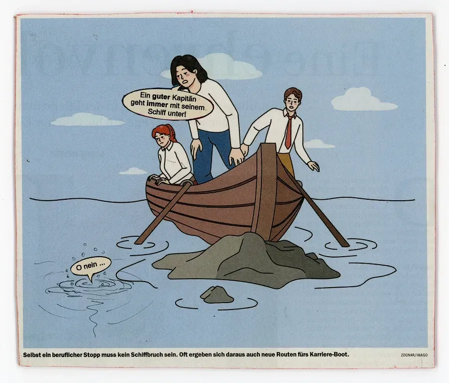 Postkarte mit drei Figuren in festgefahrenem Boot und Sprechblasen über Kapitän, Schiffbruch und Untergang.