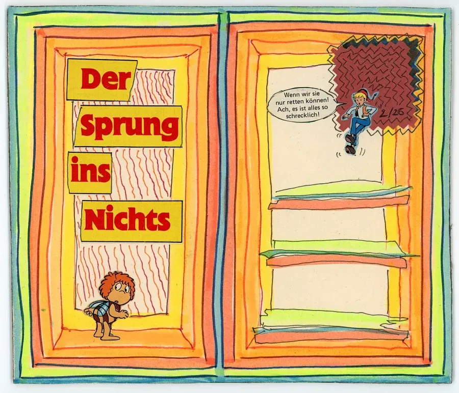 Postkartenrückseite mit Schriftzug „Der Sprung ins Nichts“, kleiner Comicfigur und leerem Adressfeld.