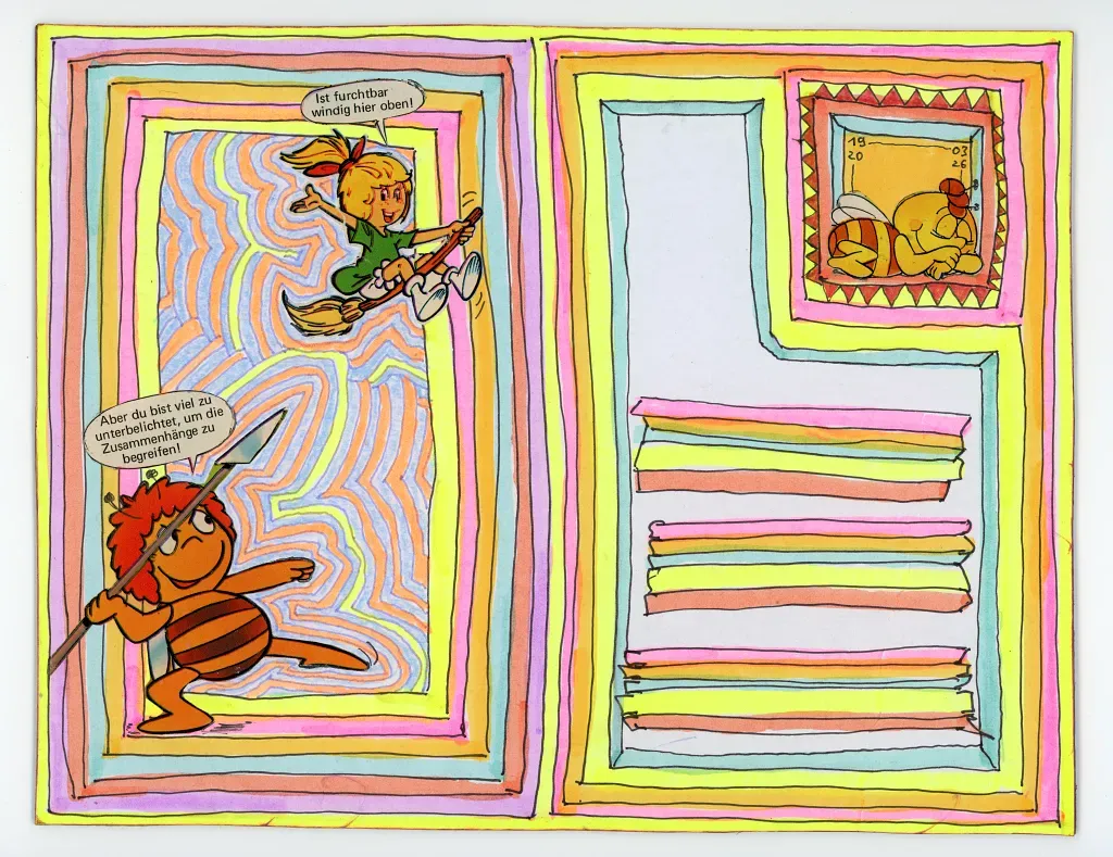 Postkartenrückseite mit fliegender Hexe, Comicbiene, kleiner schlafender Biene und Sprechblasen.