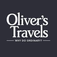 Oliver's travels logo with black background and white block text