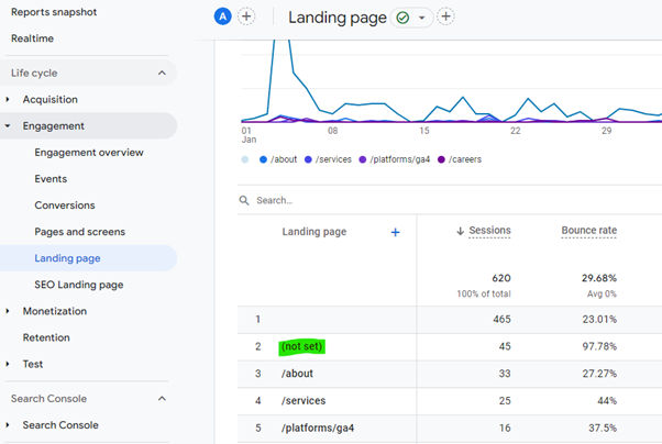 Screenshot from Google Analytics - Landing Page report