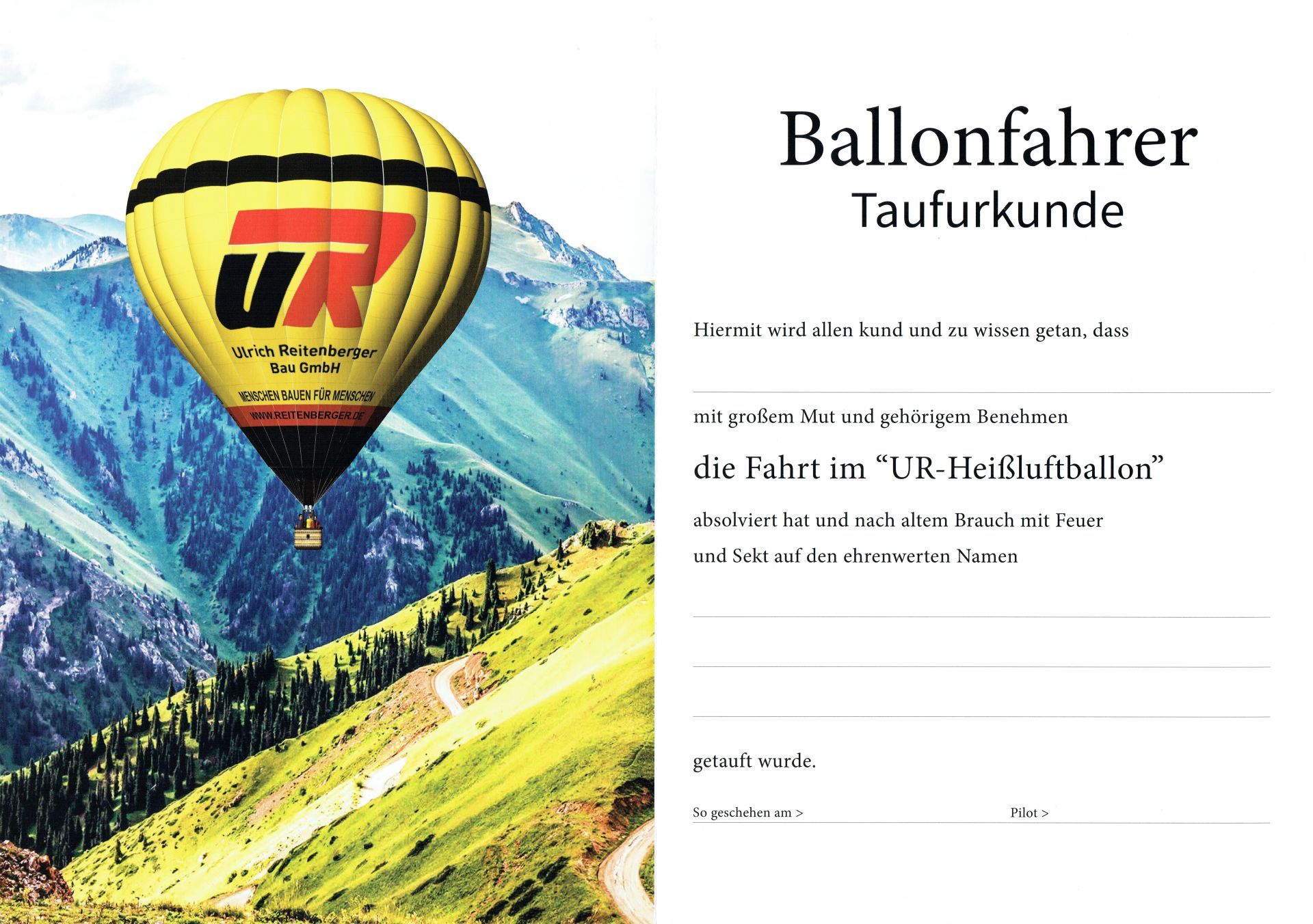 Taufurkunde des UR Ballons