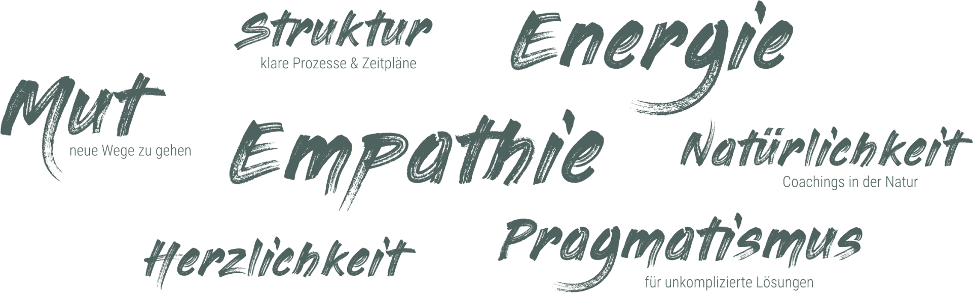 Struktur: klare Prozesse und Zeitpläne, Energie, Mut neue Wege zu gehen, Empathie, Natürlichkeit, Coachings in der Natur, Herzlichkeit, Pragmatismus für unkomplizierte Lösungen