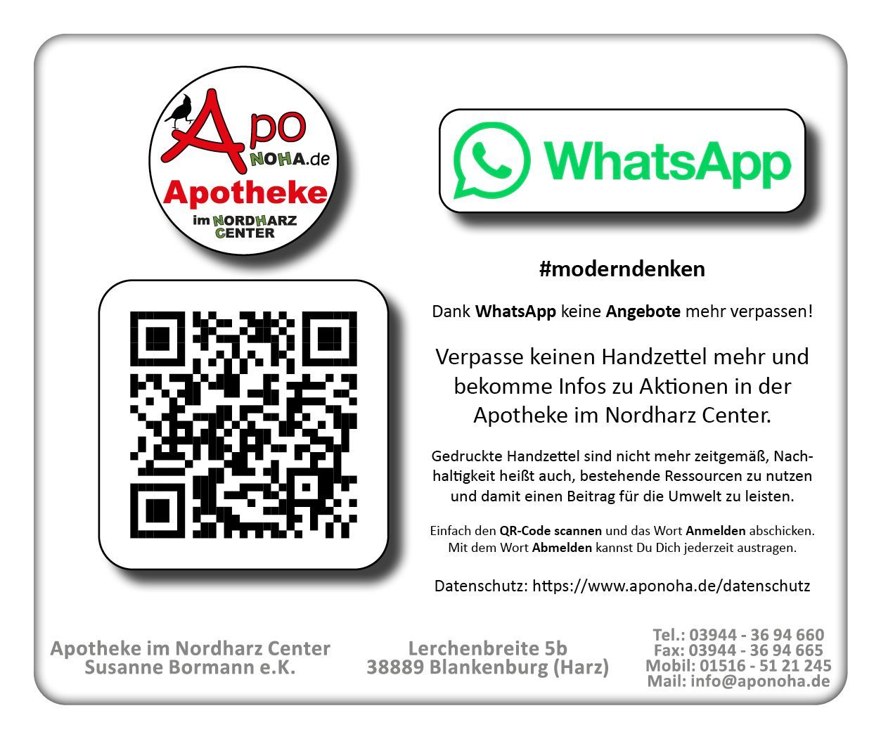 QR-Code zur Anmeldung in den WhatsApp-Newsletter zum Erhalt des Monatsprospekts der Apotheke.