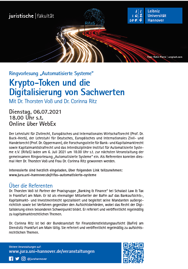 Ringvorlesung Krypto Token und die Digitalisierung von Sachwerten mit Dr. Thorsten Voß und Corinna Ritz, BaFin