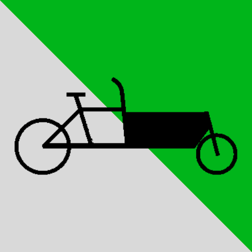 Einspuriges Fahrrad mit Ladefläche vor dem Fahrer. Besonderheit: Kleineres Rad vorne.