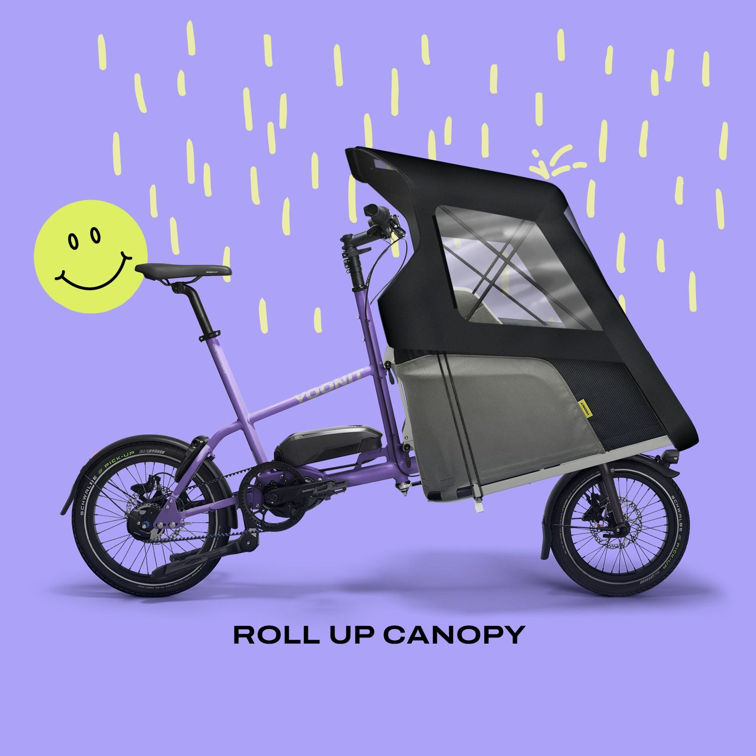 Kleines Lastenrad mit 16 & 18 Zoll Laufrädern als perfekte E-Bike Alternative mit Sitzmöglichkeit vorne für zwei Kids. Abmessungen kompakt unter 180cm und hervorragender Sicherheit als auch Regenschutz im im Family Up Carrier mit Canopy (Regenverdeck)