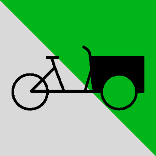 Mehrspuriges Lastenrad mit drei Rädern, zwei vorne eins hinten mit große Ladefläche vor dem Fahrer.