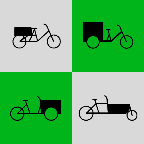 Übersicht der typischen vier Lastenradtypen: Long Tail, Long John, Trike und Schwerlast