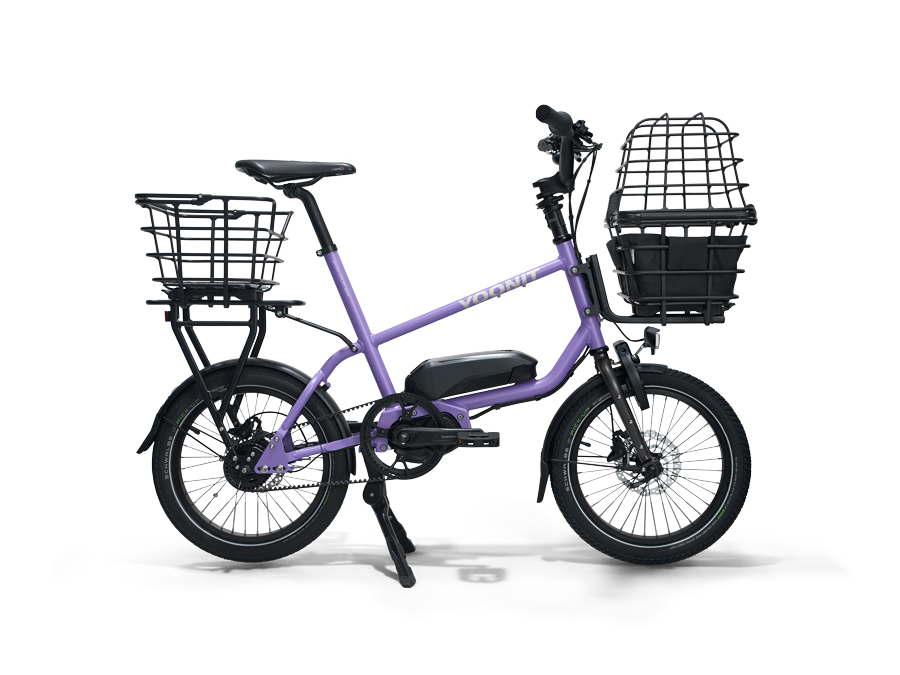 YOONIT MICRO Electric lila Mini E-Bike mit Korb vorne und hinten YOONIT Pakumo