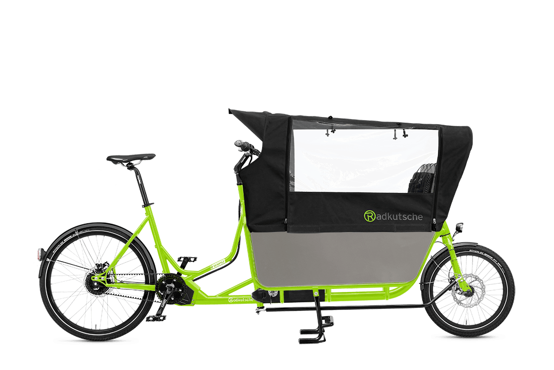 Einspuriges kompakt Lastenrad mit Metallkinderwanne und Regenverdeck
