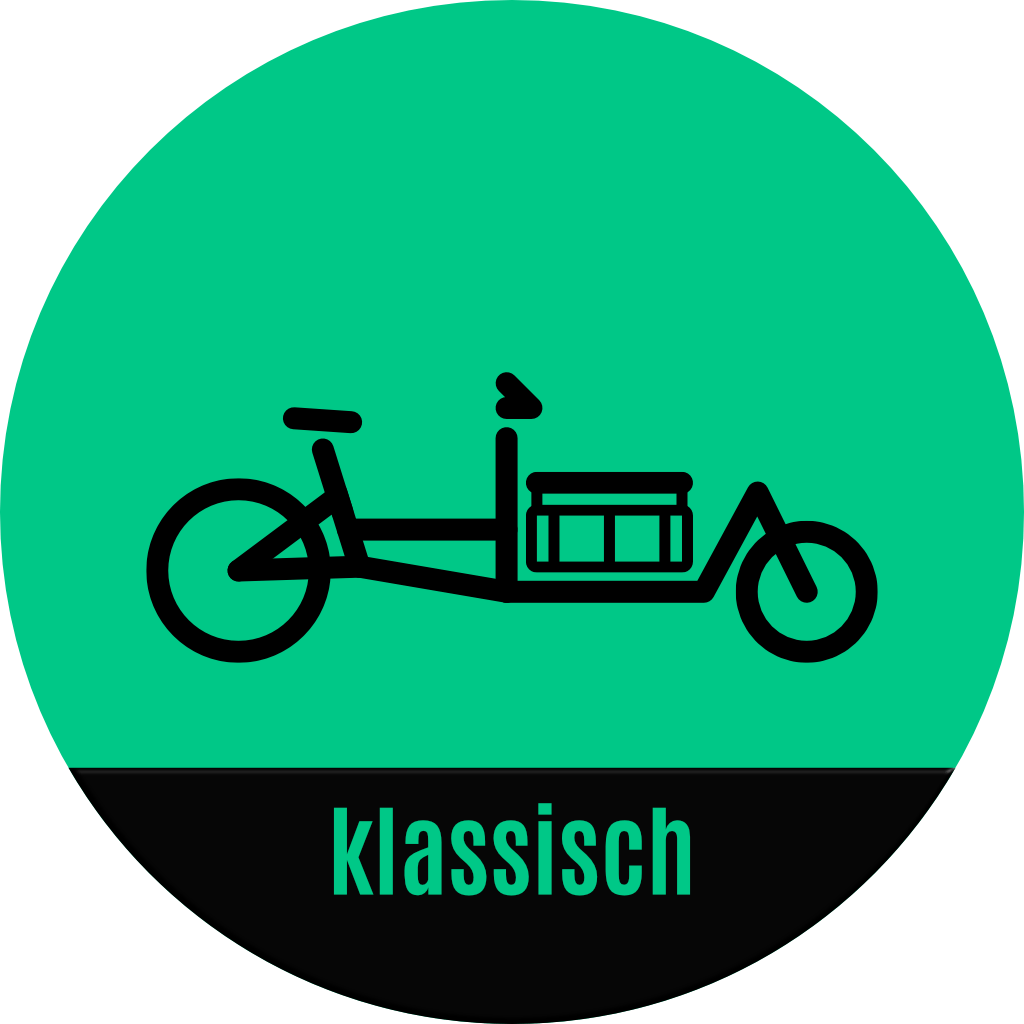 Piktogramm eines Long John Lastenrad mit klassischen Abmessungen für den Alltag