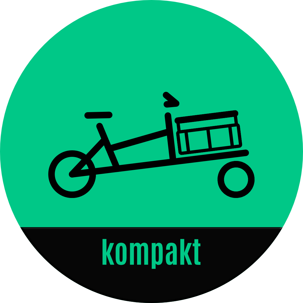 Piktogramm eines kompakten Lastenrades mit kleinen Laufrädern und aufrechter Sitzposition