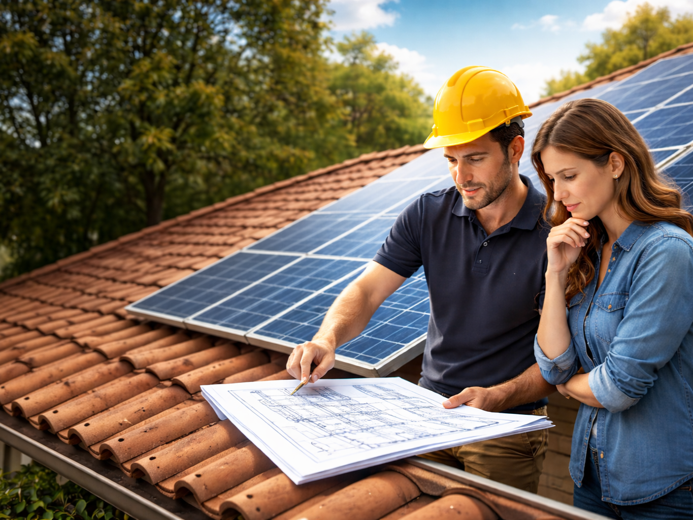 Solar installation team fitting panels on a roof in London