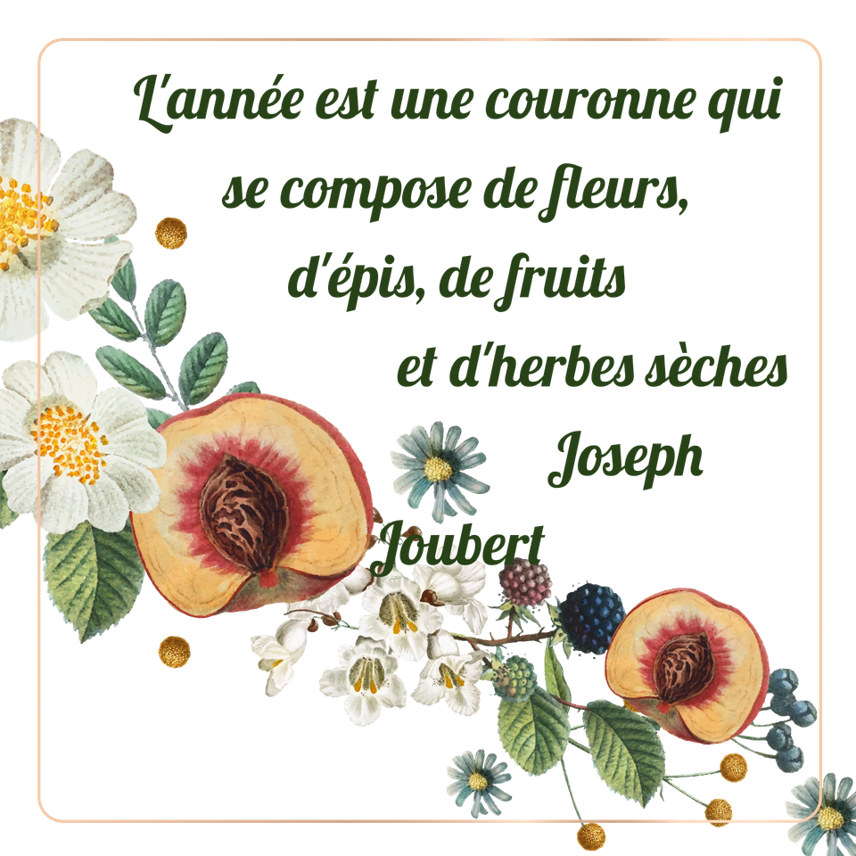 Couronne végétale de pêche, mûres, fleur, et baies.