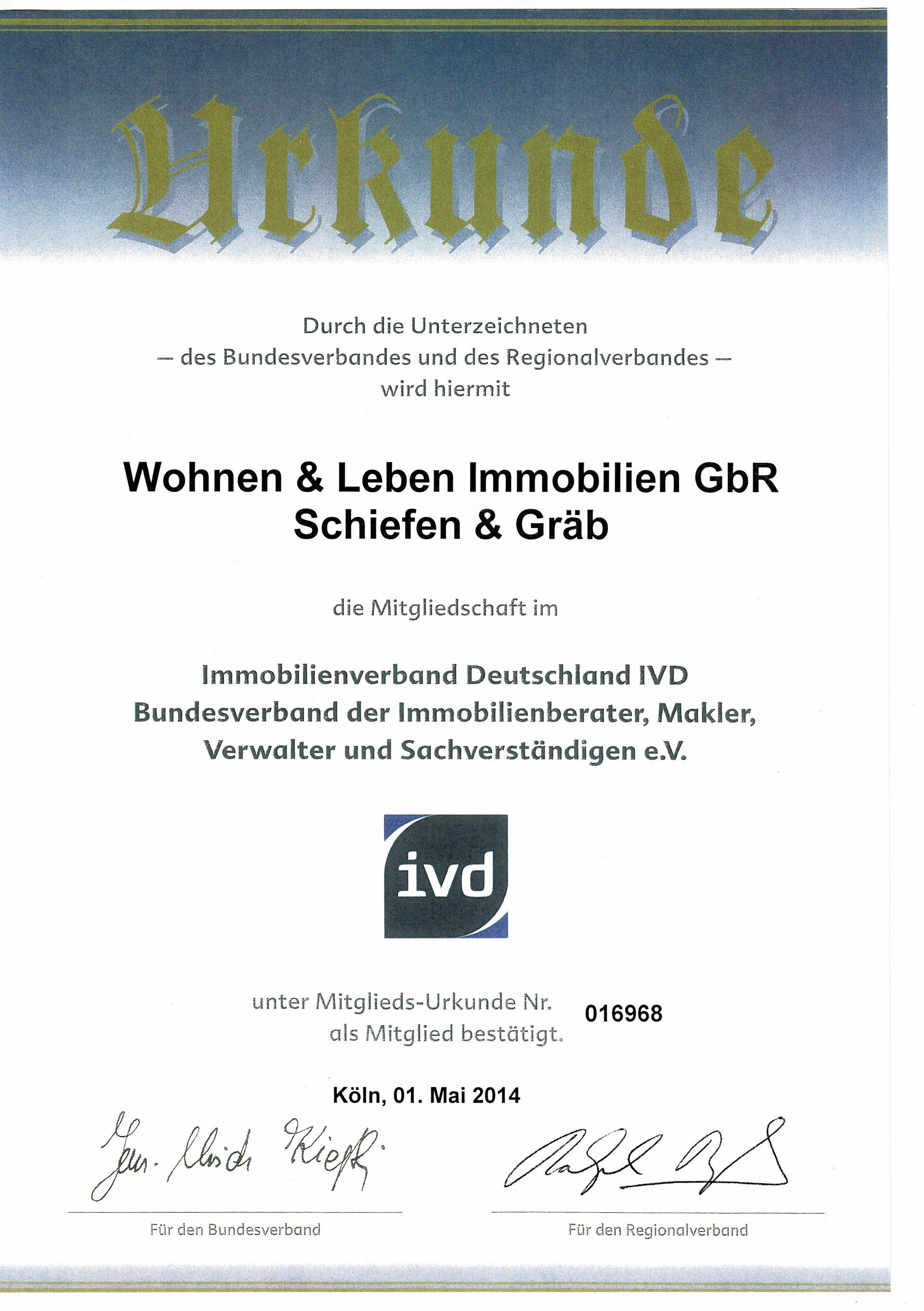 Seit 2014 ist die Wohnen & Leben Immobilien G.b.R. Schiefen & Gräb Mitglied im größten Immobilienverband Deutschlands IVD.