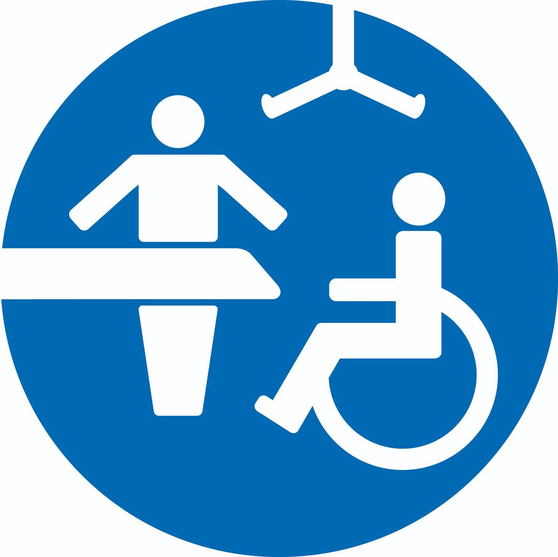 an image of the changing places logo which shows a person in a wheelchair on the right,  an adult stood next to a changing bed and a ceiling hoist above