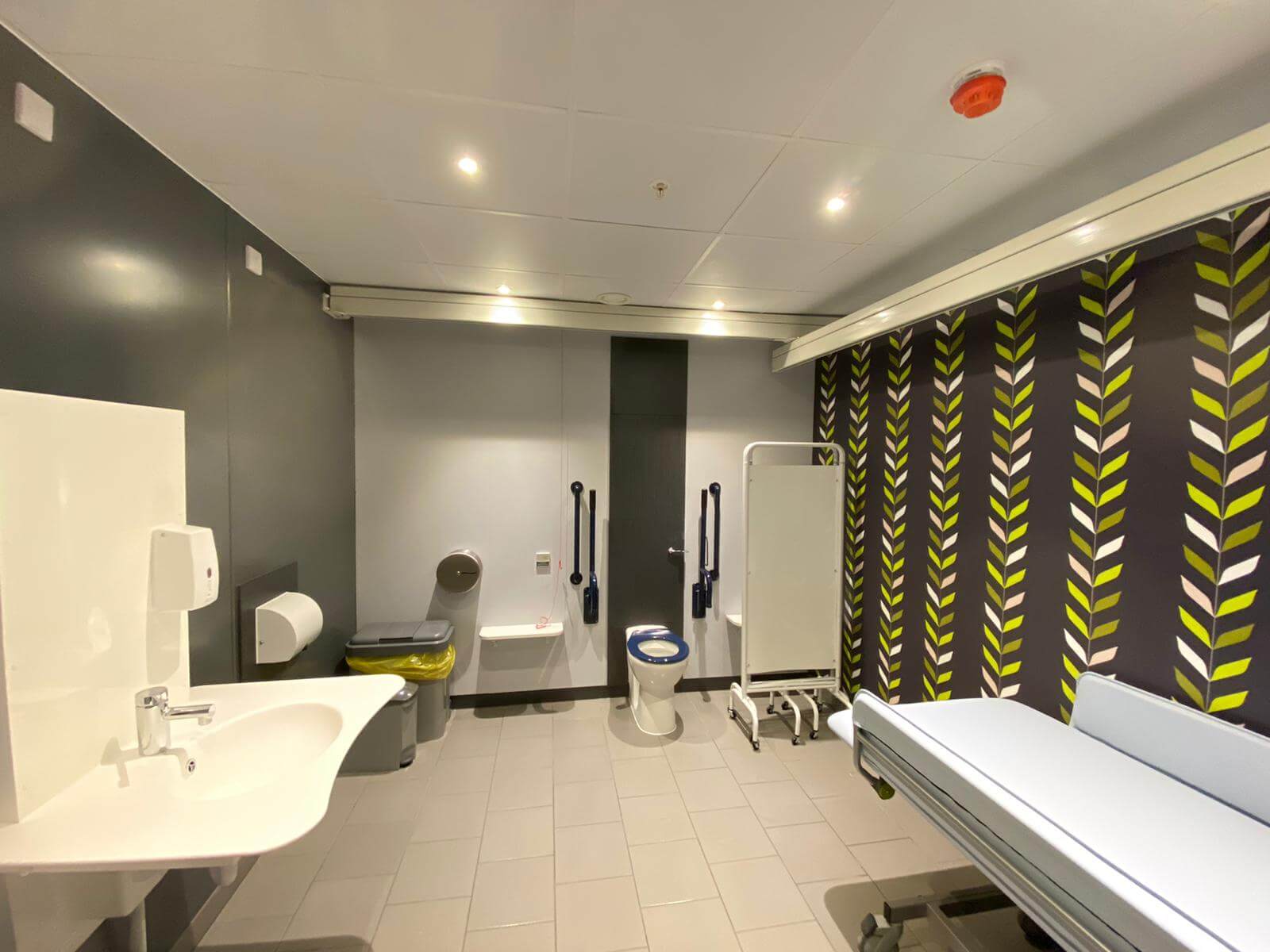 a changing places toilet showing a flower patterned wall on the right hand side with a changing bed sink on the left hand side and a toilet in the middle of the room at the back