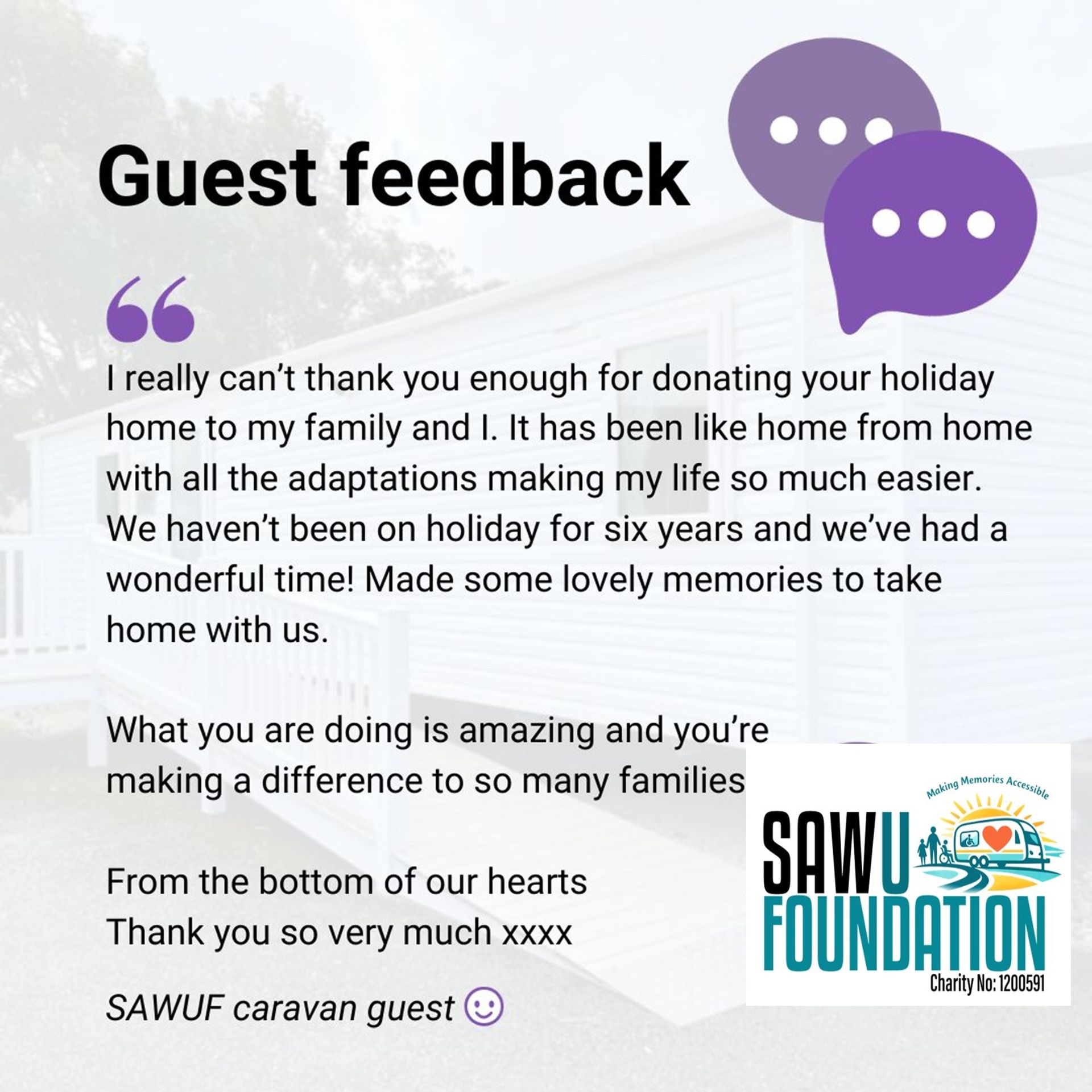 Review, Hi just wanted to thank the charity. We all had a lovely time the caravan was excellently managed with our wheelchair too. it was spotlessly clean. so nice to be able to get away. we played bingo, swimming and archery. We even managed to get to the Lake District for the day. We all had a brilliant time. Thanks again.