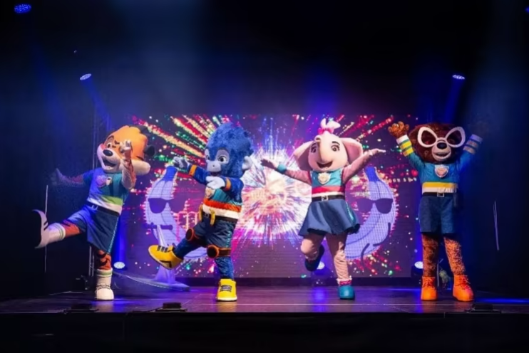 an image of havens seaside squad mascots on stage which from left to right are a tiger, monkey, elephant and bear