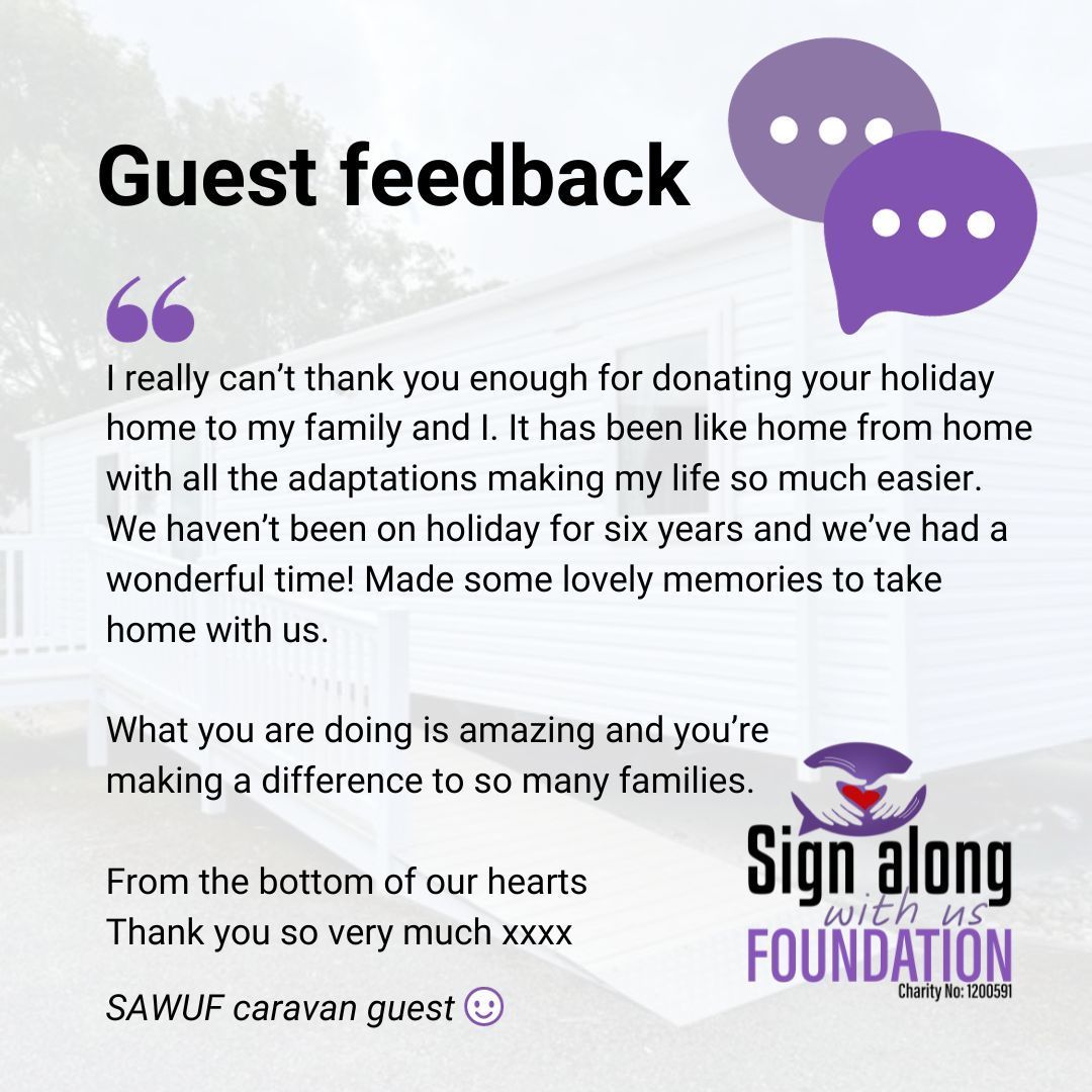 I really cant thank you enough for donating your holiday home to my family and i. It has been like a home from home with all the adaptations making my life so much easier. We havent been on holiday for six years and we have had a wonderful time. made some lovely memories to take home with us.