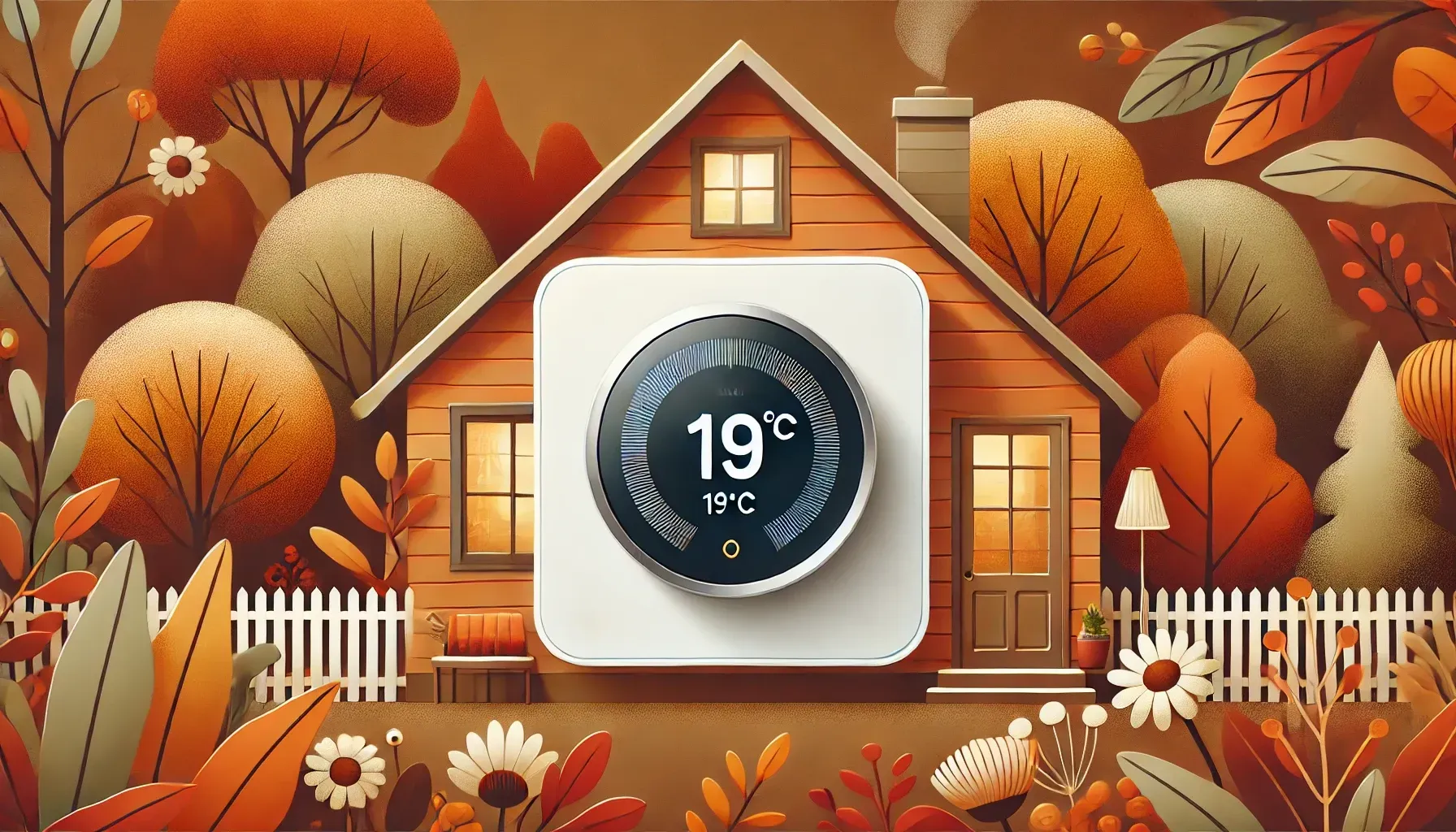 Thermostat d'ambiance affichant 19°C dans une maison chaleureuse entourée de feuillage d'automne.