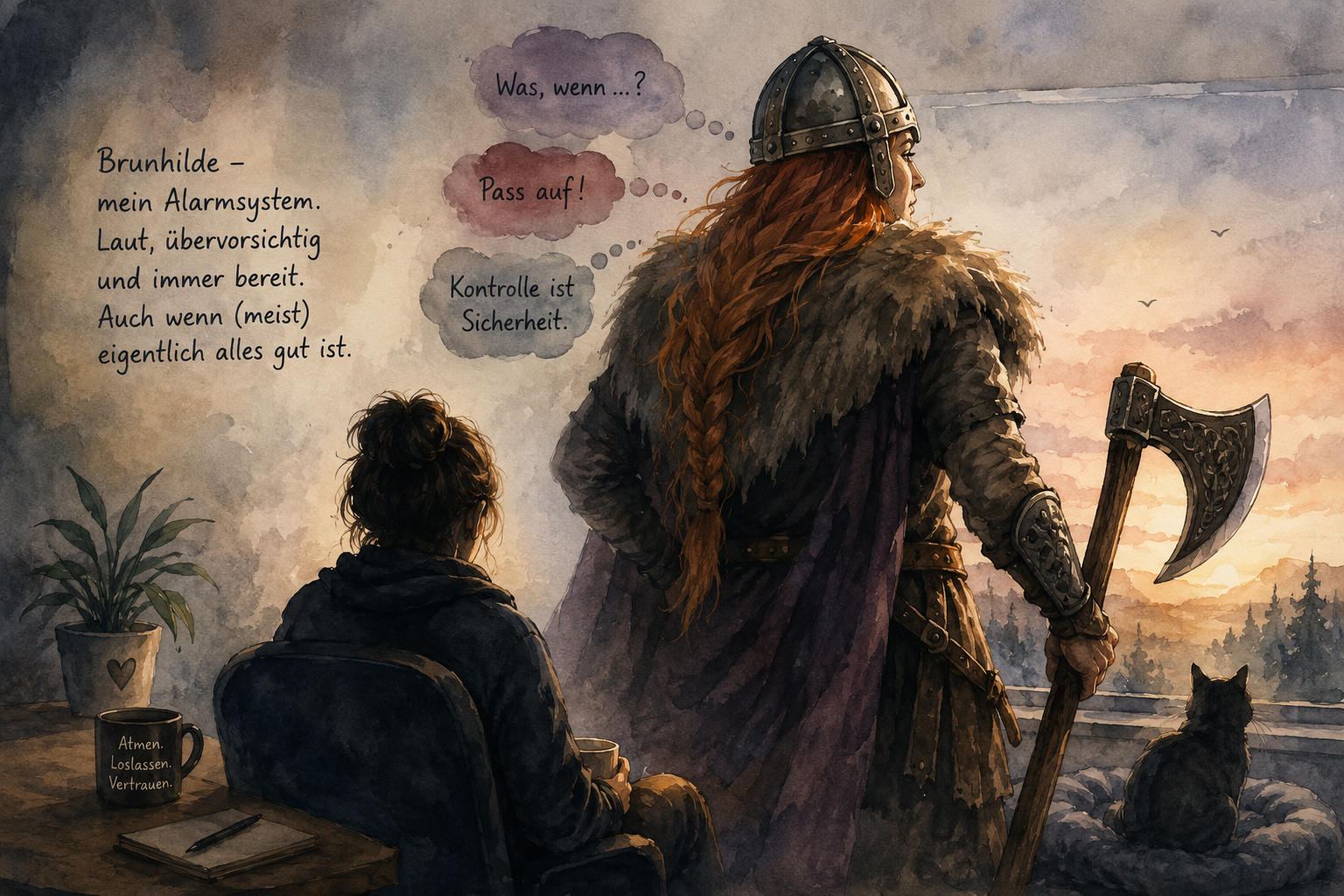 Aquarellillustration einer sitzenden Person, hinter der eine große Wikingerin mit Axt und Helm steht