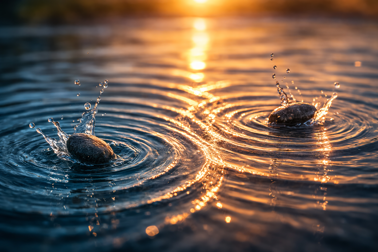 Zwei Steine fallen in Wasser und erzeugen sich überlagernde Wellenkreise – Symbol für Resonanz