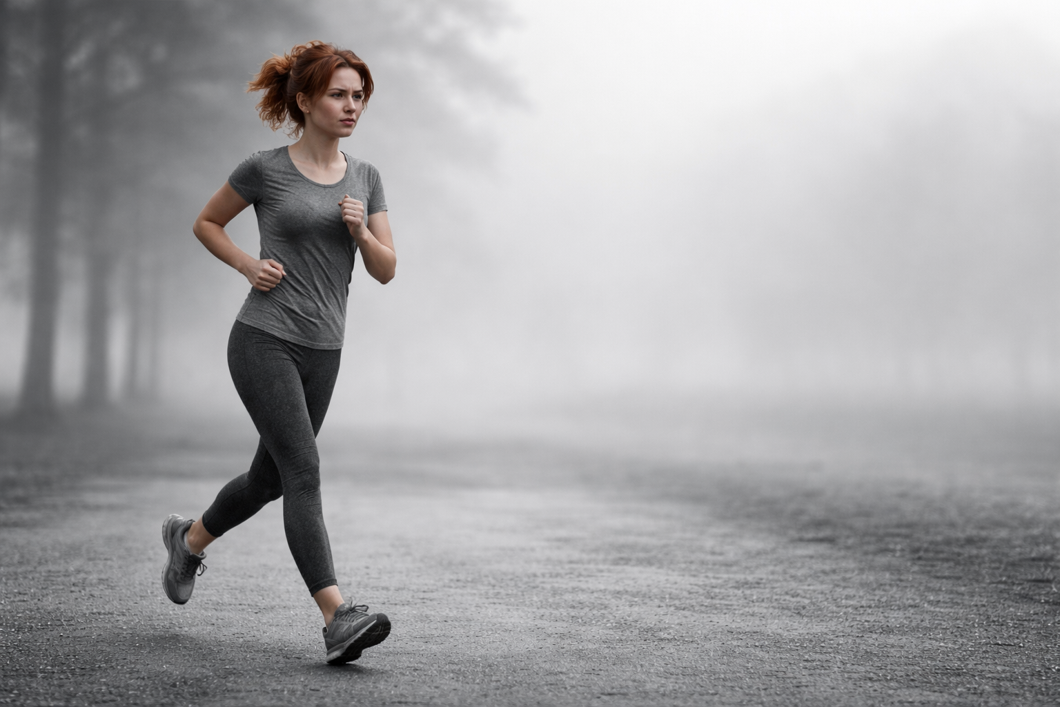 Joggende Frau in grauer Sportkleidung wirkt genervt und angespannt auf leerer Strecke