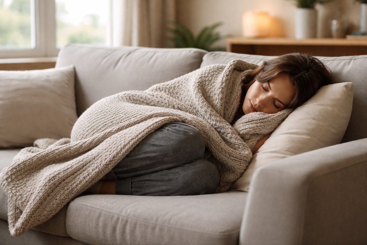 Eine Frau liegt zusammengerollt unter einer Decke auf einer Couch.