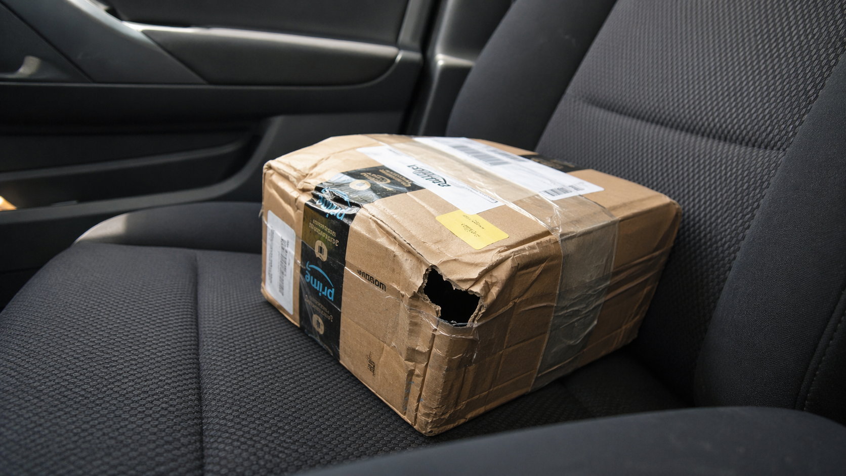Ramponiertes, kleines Paket auf dem Beifahrersitz eines Autos, mit Klebeband notdürftig geflickt.
