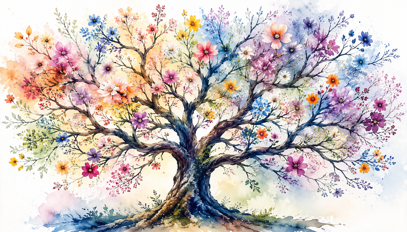 Großer verzweigter Baum im Aquarellstil mit vielen unterschiedlichen farbigen Blüten als Symbol
